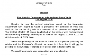 Flag Hoisting Ceremony on Independence Day of India 15th August, 2020